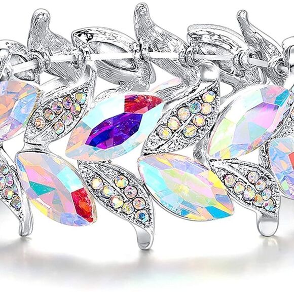 Silver and Iridescent AB Austrian Crystal Leaf Stetchable Bracelet Bangle - Picture 2 of 5